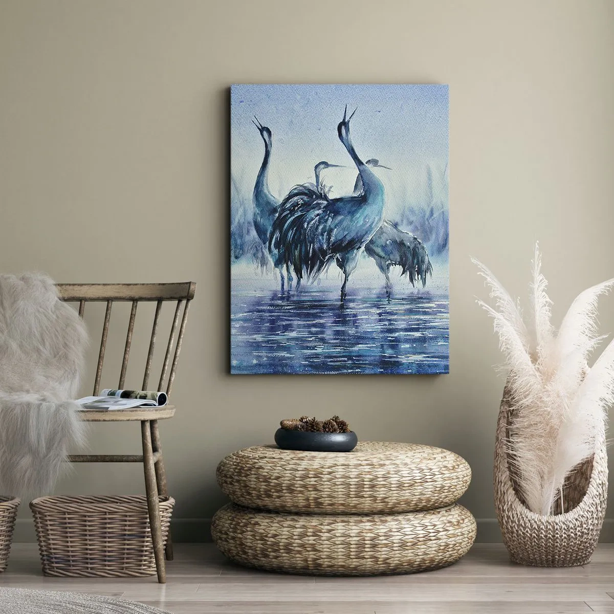 Cuadro sobre lienzo - Impresión de Imagen - Grúas sobre un fondo de niebla y agua en tonos azules. - 50x70cm - Reunión matinal - Decoración de pared moderna para salón y dormitorio ARTTOR