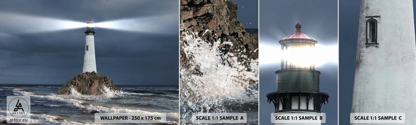 Muestra de fotomural autoadhesivo Deluxe Sticker - ¡Aquí... aquí... aquí! - Paisaje, Faro, Isla - 100x30 cm