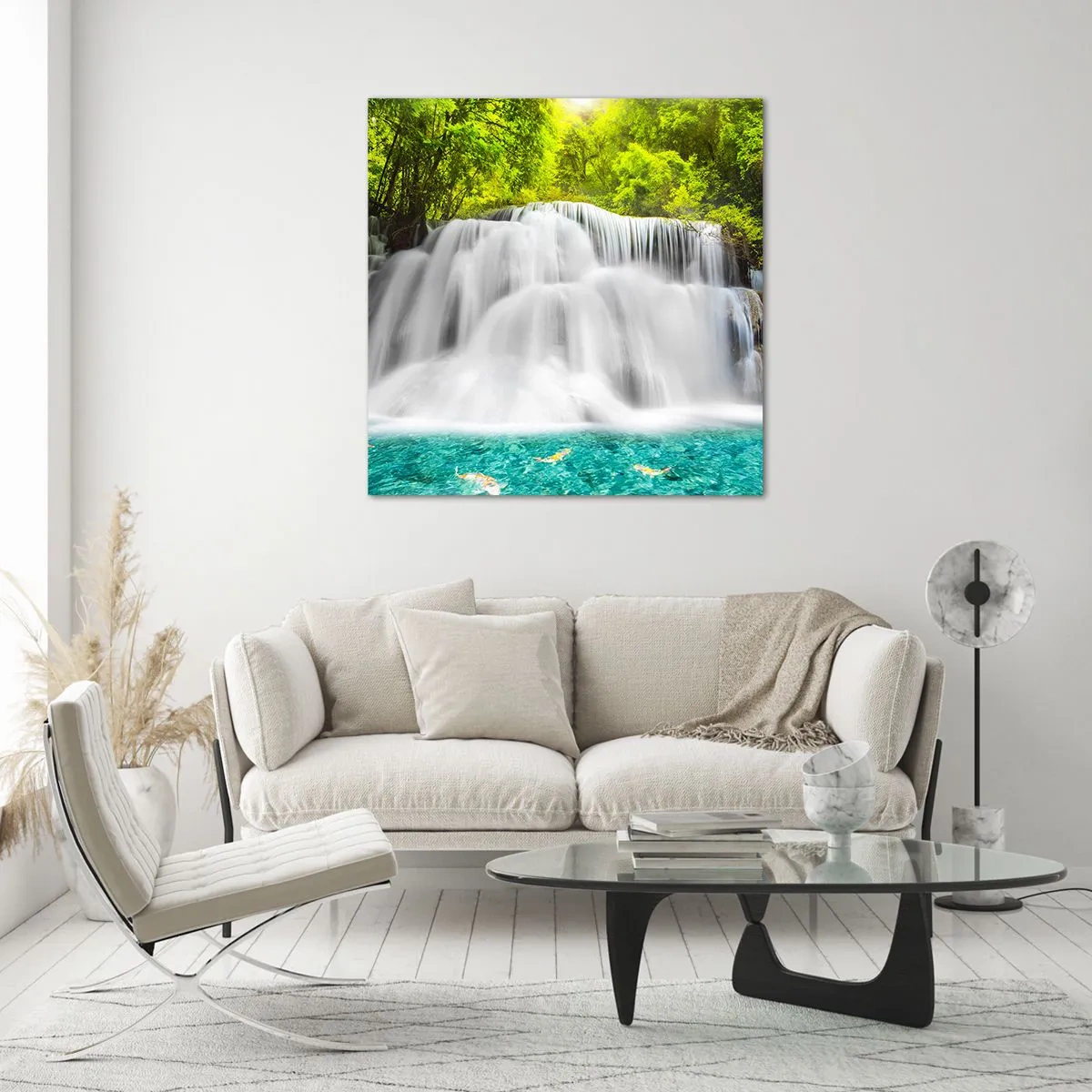 Cuadro sobre vidrio - Impresiones sobre Vidrio - Cascada espumosa, de verde a azul - 30x30 cm