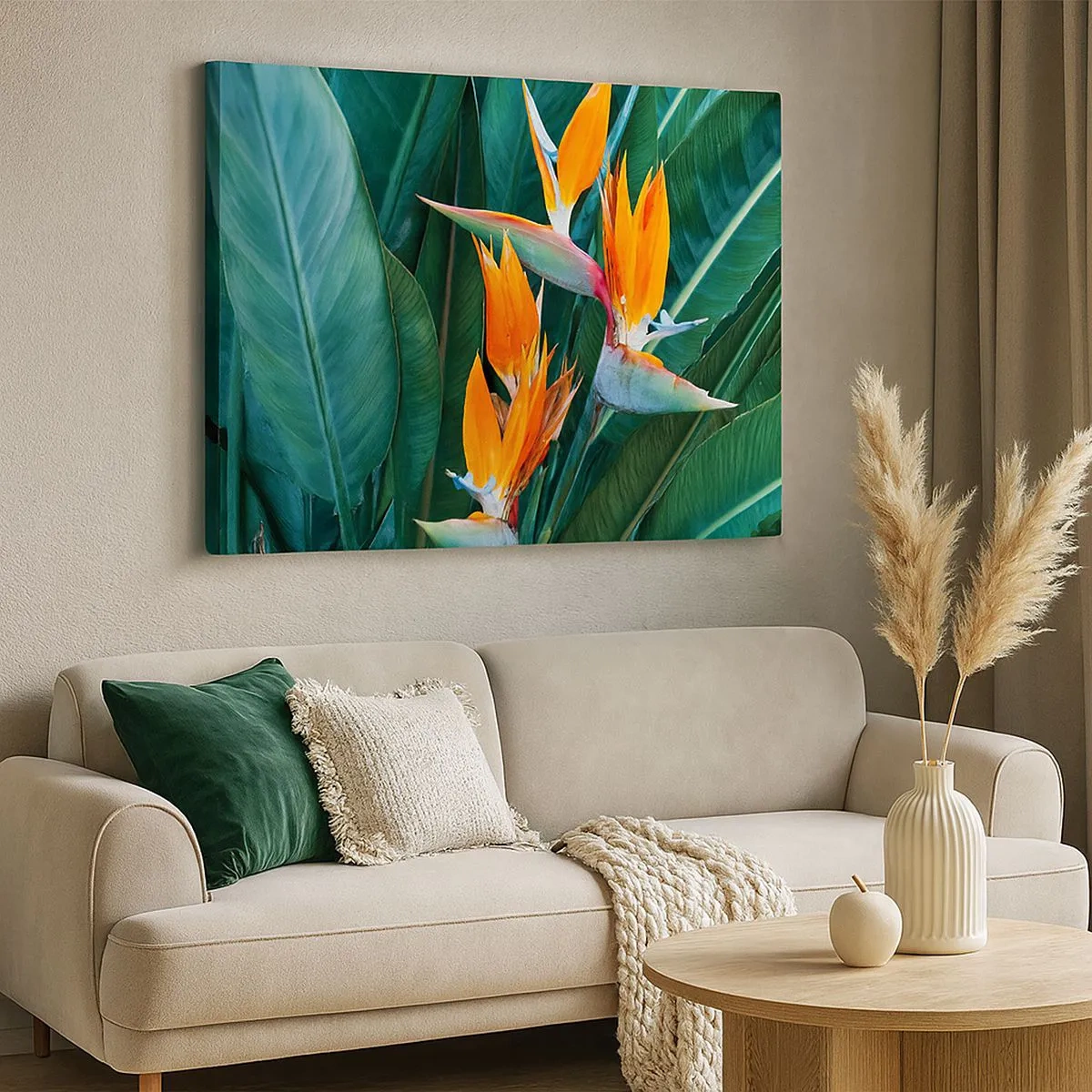 Cuadro sobre lienzo - Impresión de Imagen - Flores exóticas de strelitzia rodeadas de hojas verdes. - 70x50cm - ¿Es una flor o es un pájaro? - Decoración de pared moderna para salón y dormitorio ARTTOR