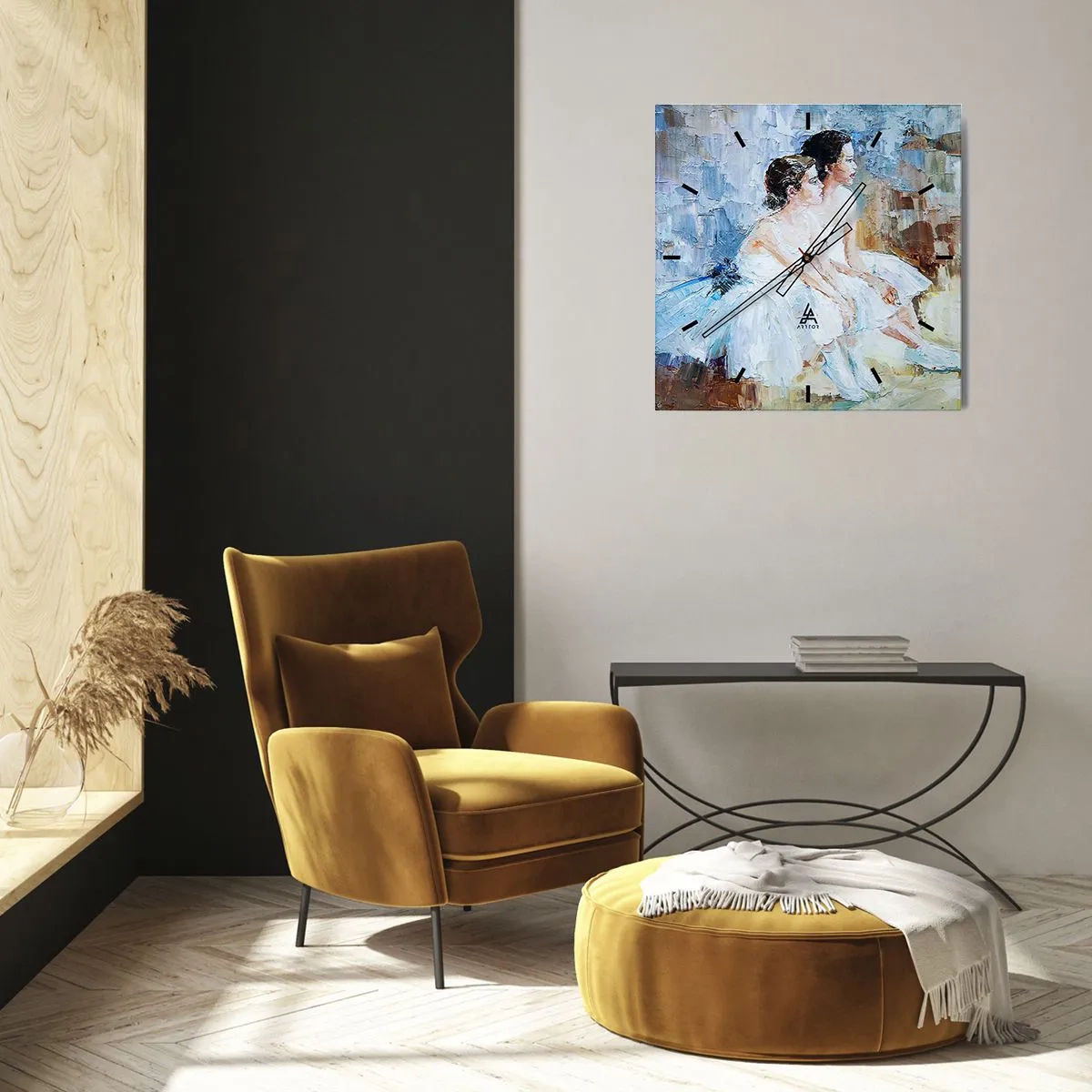 Reloj de pared - Reloj de vidrio - Dos bailarinas vestidas de blanco se relajan sobre un fondo pastel. - 30x30cm - Cisnes jóvenes descansando - Decoración de pared moderna para salón y dormitorio ARTTOR