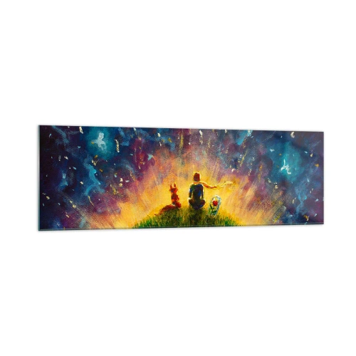 Cuadro sobre vidrio - Impresiones sobre Vidrio - Figuras en una colina verde rodeada de un cielo estrellado. - 160x50cm - Amor y amistad - lo único entero - Decoración de pared moderna para salón y dormitorio ARTTOR