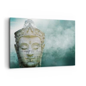 Cuadro sobre lienzo - Impresión de Imagen - Estatua de Buda con una suave niebla sobre un fondo verde. - 100x70cm - Buscando la luz - Decoración de pared moderna para salón y dormitorio ARTTOR