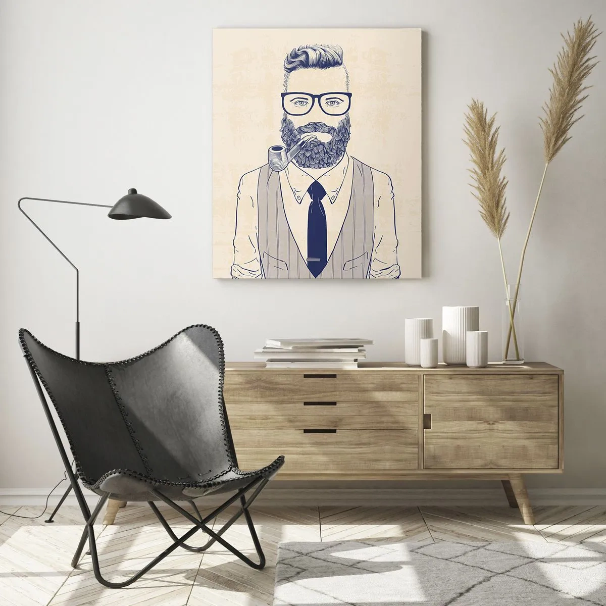 Cuadro sobre vidrio - Impresiones sobre Vidrio - Un hombre estilizado con barba, gafas y pipa sobre un fondo claro. - 50x70cm - Alegre, masculino y a la moda - Decoración de pared moderna para salón y dormitorio ARTTOR