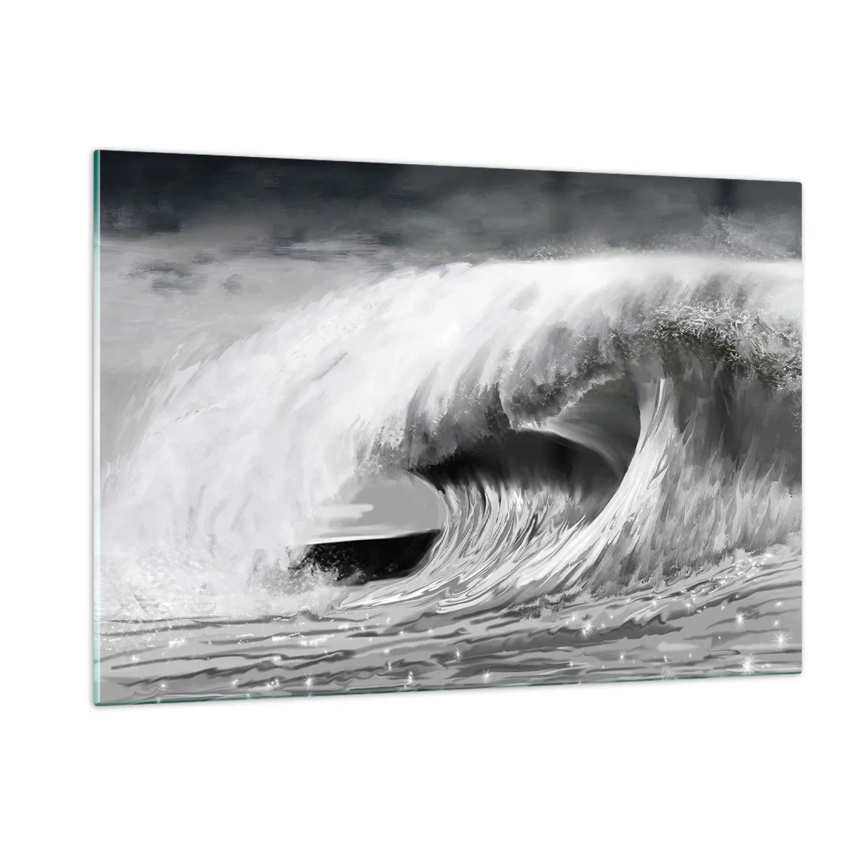 Cuadro sobre vidrio - Impresiones sobre Vidrio - Una poderosa ola capturada en una estética en blanco y negro. - 120x80cm - La ira del océano - Decoración de pared moderna para salón y dormitorio ARTTOR
