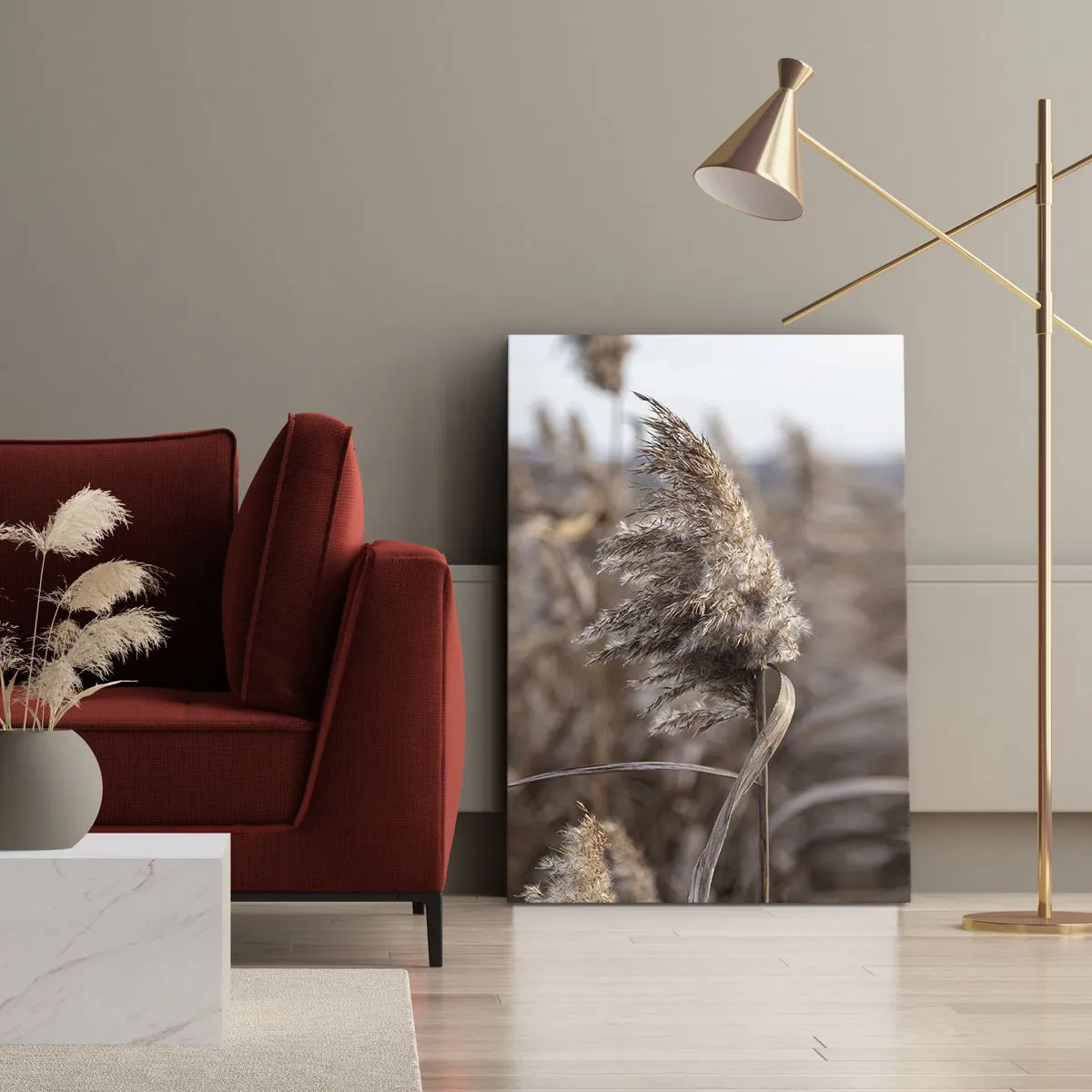 Cuadro sobre lienzo - Impresión de Imagen - Delicadas hierbas en tonos beige sobre el fondo de la naturaleza. - 70x100cm - Es hora de volar con el viento - Decoración de pared moderna para salón y dormitorio ARTTOR