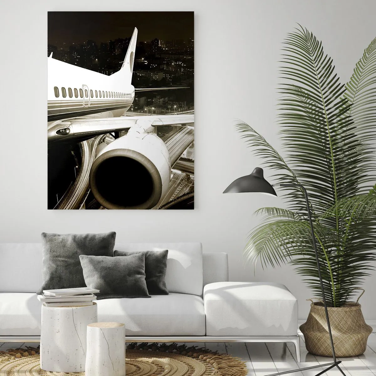 Cuadro sobre vidrio - Impresiones sobre Vidrio - Un avión sobre la ciudad por la noche con un ambiente industrial. - 50x70cm - Vuela hacia la noche - Decoración de pared moderna para salón y dormitorio ARTTOR