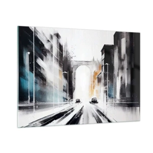 Cuadro sobre vidrio - Impresiones sobre Vidrio - Una calle urbana dinámica con coches y un arco al fondo en estilo pictórico. - 100x70cm - Estudio de la ciudad: arquitectura y movimiento - Decoración de pared moderna para salón y dormitorio ARTTOR
