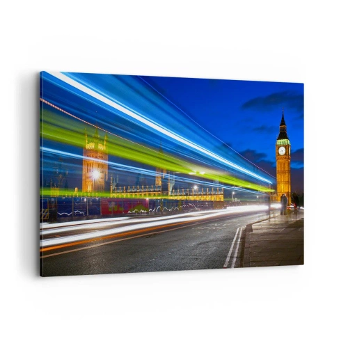 Cuadro sobre lienzo - Impresión de Imagen - El Big Ben de noche con el efecto de las luces en el tráfico de la calle. - 120x80cm - Bajo la mirada del Big Ben - Decoración de pared moderna para salón y dormitorio ARTTOR