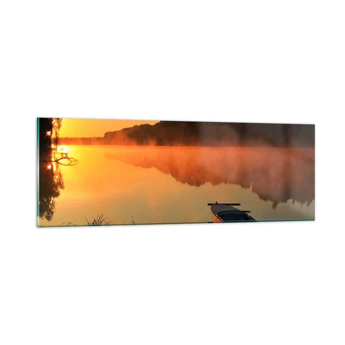 Cuadro sobre vidrio - Impresiones sobre Vidrio - Amanecer sobre el agua como la superficie de un espejo - 90x30 cm