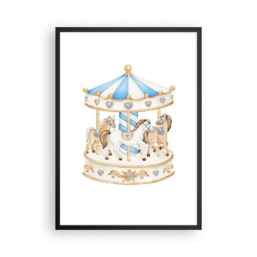 Póster en marco negro - Carrusel de acuarela en tonos pastel de azul y dorado. - 50x70cm - Dulce infancia - Decoración de pared moderna para salón y dormitorio ARTTOR