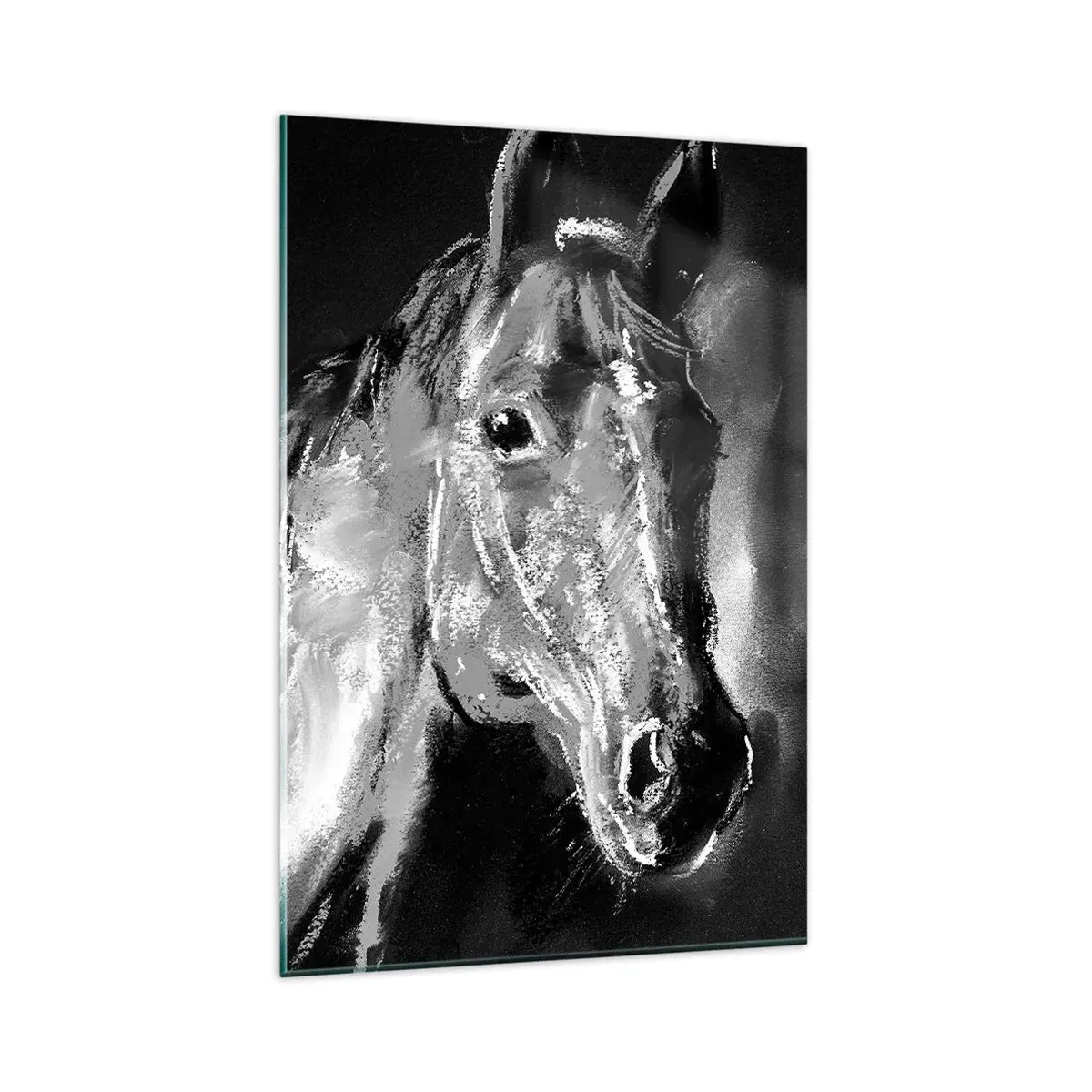 Cuadro sobre vidrio - Impresiones sobre Vidrio - Retrato de un caballo en un estilo dinámico en blanco y negro. - 80x120cm - El brillo de un alma noble - Decoración de pared moderna para salón y dormitorio ARTTOR