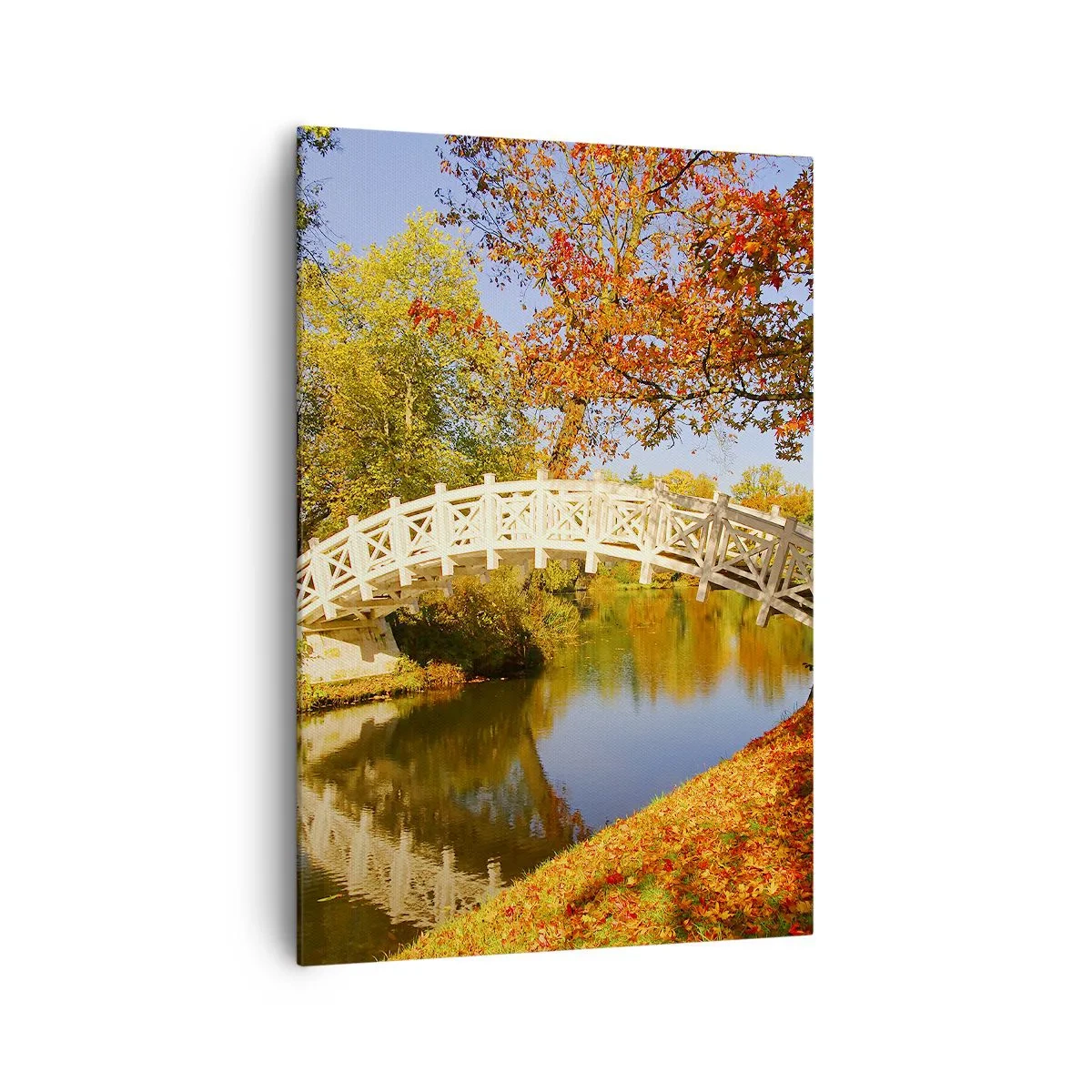 Cuadro sobre lienzo - Impresión de Imagen - Un puente en un parque rodeado de hojas otoñales sobre aguas tranquilas. - 70x100cm - En un puente blanco de suspiros - Decoración de pared moderna para salón y dormitorio ARTTOR