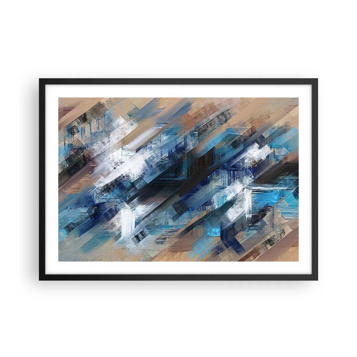 Póster en marco negro - Composición abstracta con líneas diagonales azules. - 70x50cm - En una inclinación azul - Decoración de pared moderna para salón y dormitorio ARTTOR