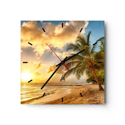 Reloj de pared - Reloj de vidrio - Playa con palmeras y puesta de sol sobre el océano. - 30x30cm - El eterno verano, siempre de vacaciones - Decoración de pared moderna para salón y dormitorio ARTTOR