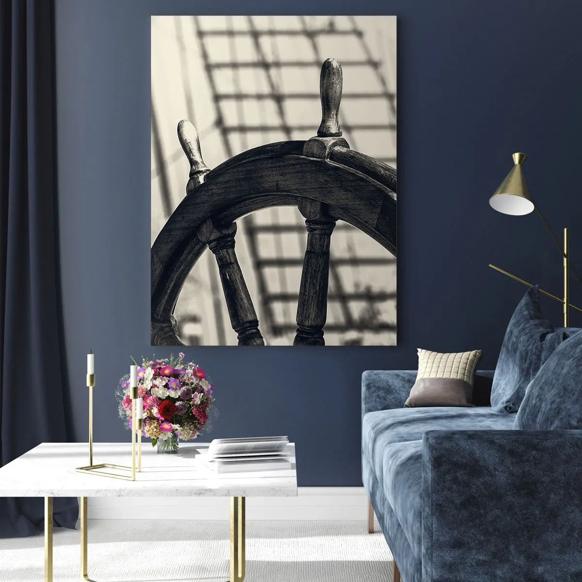 Cuadro sobre vidrio - Impresiones sobre Vidrio - Un timón de vela de estilo retro con un barco al fondo. - 70x100cm - Un cuento marino - Decoración de pared moderna para salón y dormitorio ARTTOR