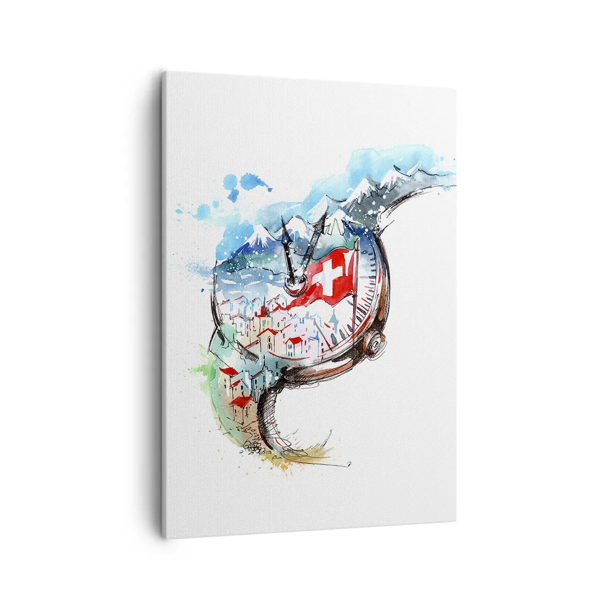Cuadro sobre lienzo - Impresión de Imagen - Un paisaje de acuarela de Suiza con un diseño de relojería. - 50x70cm - El espíritu de Suiza - Decoración de pared moderna para salón y dormitorio ARTTOR