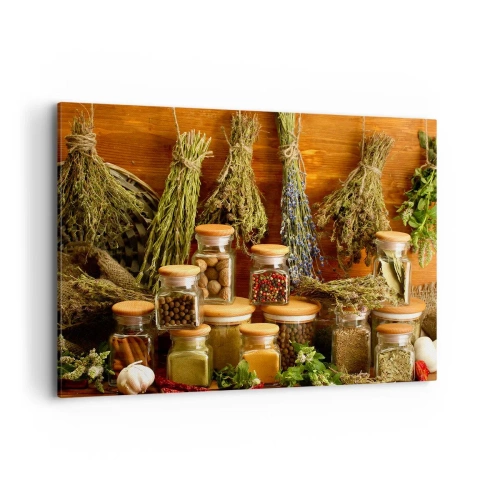 Cuadro sobre lienzo - Impresión de Imagen - Hierbas y especias en frascos sobre un fondo rústico. - 100x70cm - La magia de la cocina - Decoración de pared moderna para salón y dormitorio ARTTOR