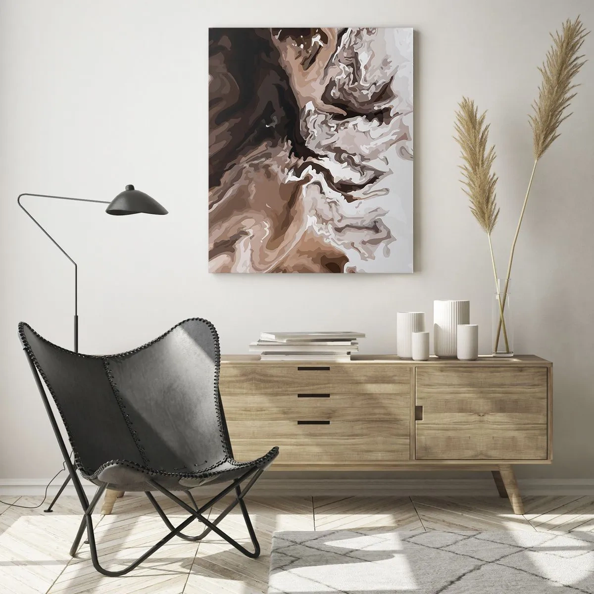 Cuadro sobre vidrio - Impresiones sobre Vidrio - Abstracción en tonos marrones con líneas dinámicas. - 80x120cm - Contenencia del color - Decoración de pared moderna para salón y dormitorio ARTTOR