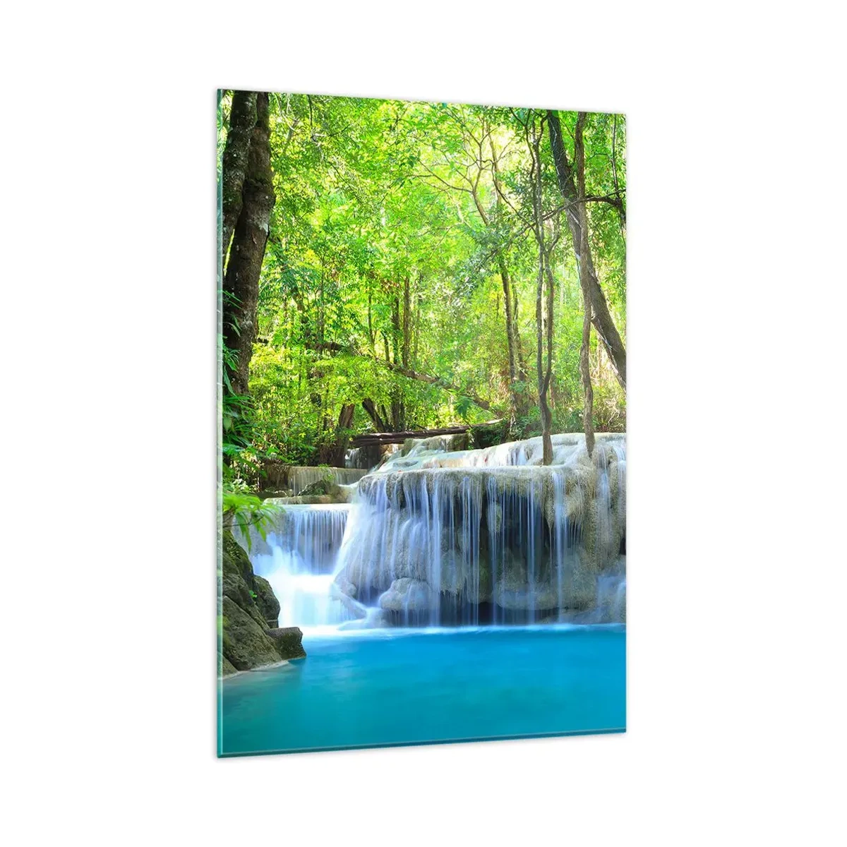 Cuadro sobre vidrio - Impresiones sobre Vidrio - Una cascada entre árboles verdes con agua azul en un entorno natural. - 80x120cm - Ahogarse en turquesa y verde - Decoración de pared moderna para salón y dormitorio ARTTOR