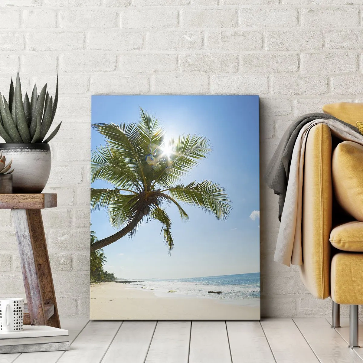 Cuadro sobre lienzo - Impresión de Imagen - Una playa con palmeras en un paisaje tropical. - 70x100cm - Mi lugar privado - Decoración de pared moderna para salón y dormitorio ARTTOR