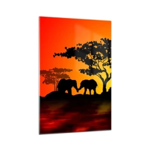 Cuadro sobre vidrio - Impresiones sobre Vidrio - Atardecer africano con siluetas de elefantes y jirafas sobre el agua - 70x100cm - Reunión en la sabana - Decoración de pared moderna para salón y dormitorio ARTTOR