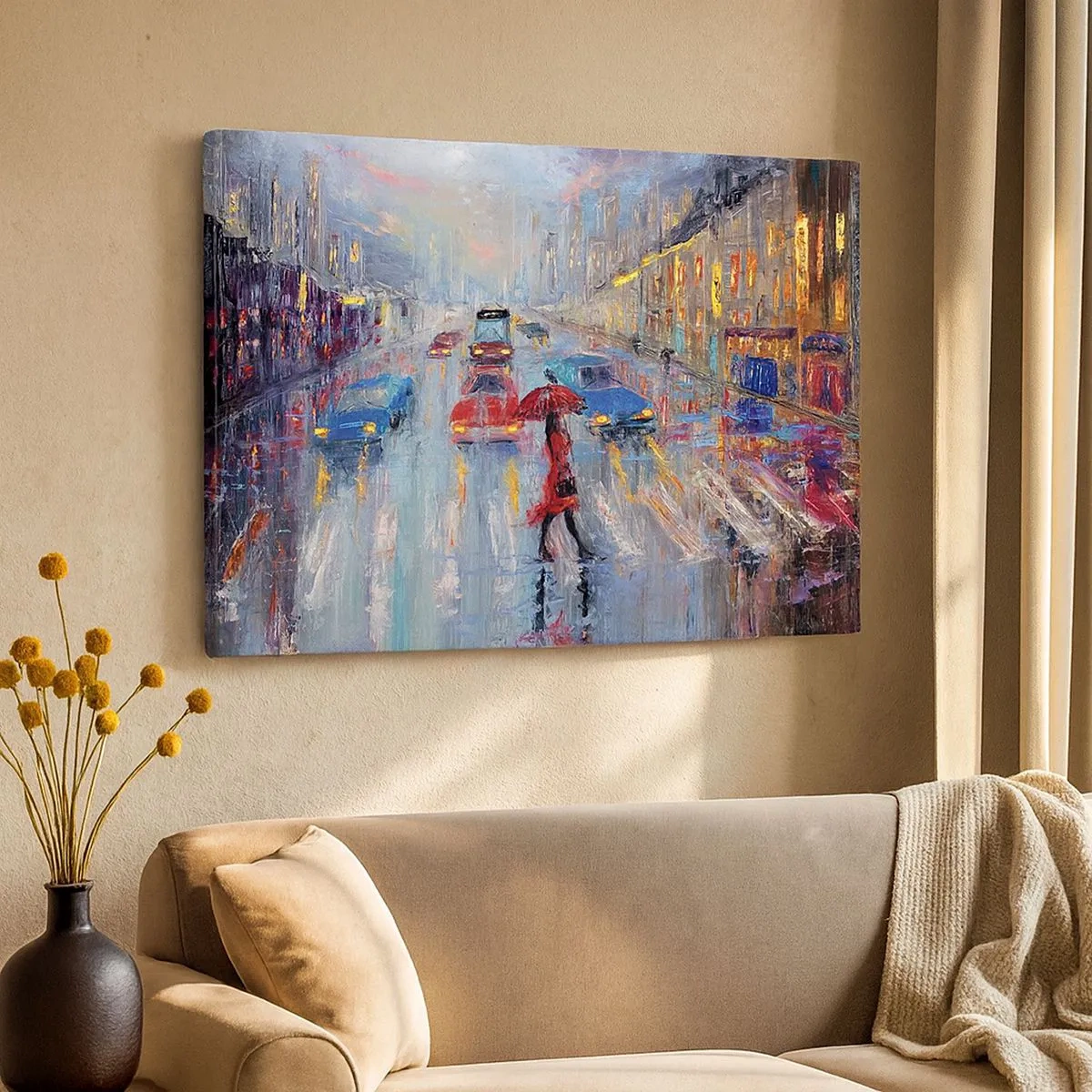 Cuadro sobre lienzo - Impresión de Imagen - Una mujer con un paraguas en una calle lluviosa bajo la luz de neón. - 70x50cm - Una tarde de lluvia en la ciudad - Decoración de pared moderna para salón y dormitorio ARTTOR