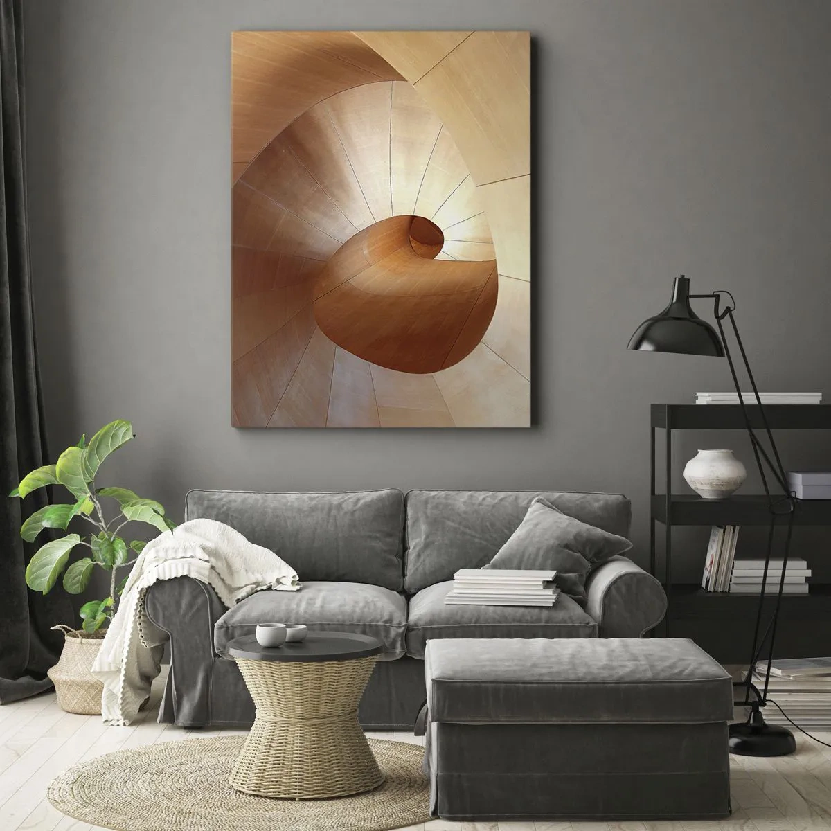 Cuadro sobre lienzo - Impresión de Imagen - Espiral abstracta en tonos madera y marrón claro. - 50x70cm - Serpentina arquitectónica - Decoración de pared moderna para salón y dormitorio ARTTOR