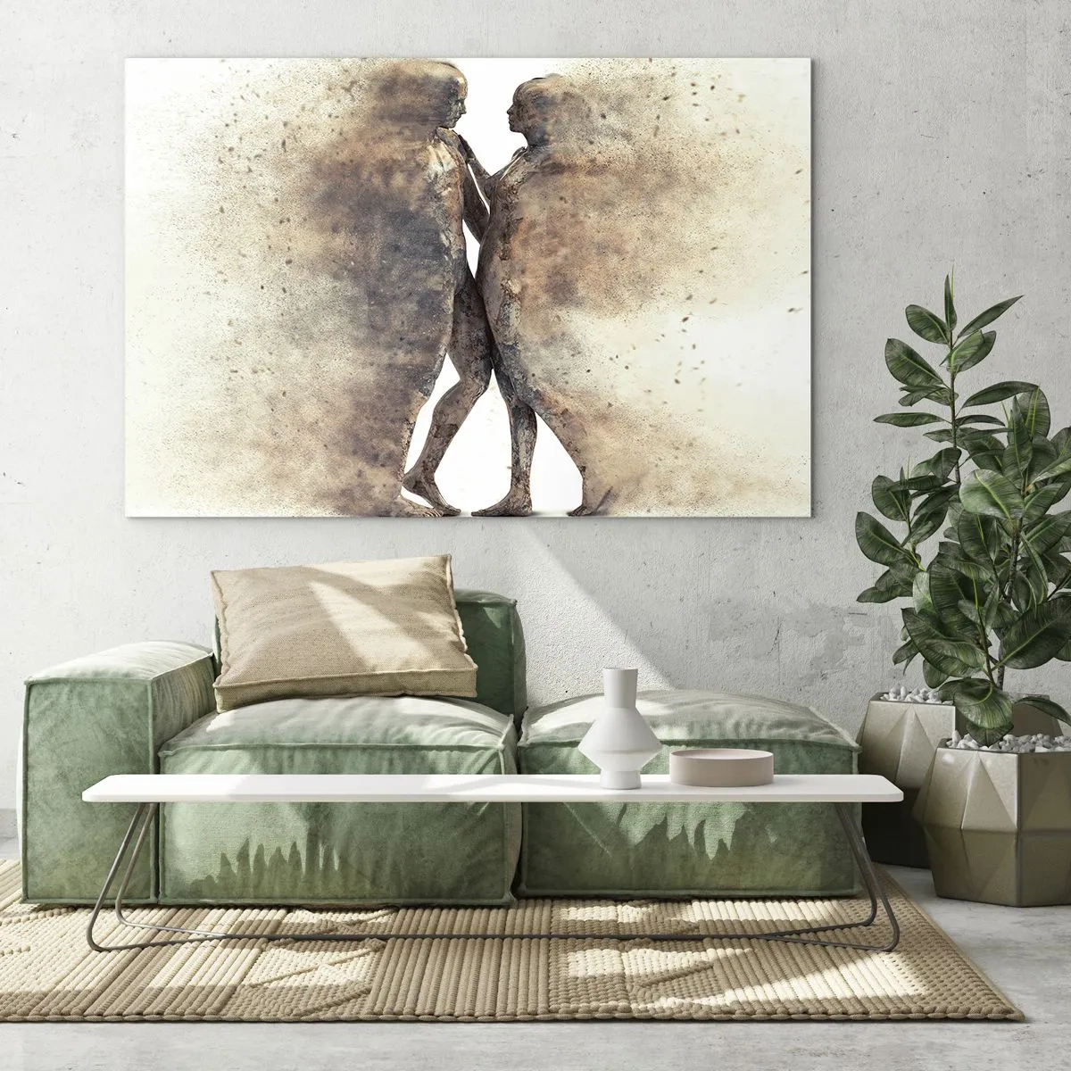 Cuadro sobre vidrio - Impresiones sobre Vidrio - Siluetas abstractas de dos figuras en un estilo polvoriento. - 120x80cm - Del polvo resurgieron para amar - Decoración de pared moderna para salón y dormitorio ARTTOR