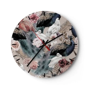 Reloj de pared - Reloj de vidrio - Pavo real y pájaros blancos entre flores sobre un fondo beige - 30x30cm - En un jardín de palacio - Decoración de pared moderna para salón, cocina y dormitorio ARTTOR