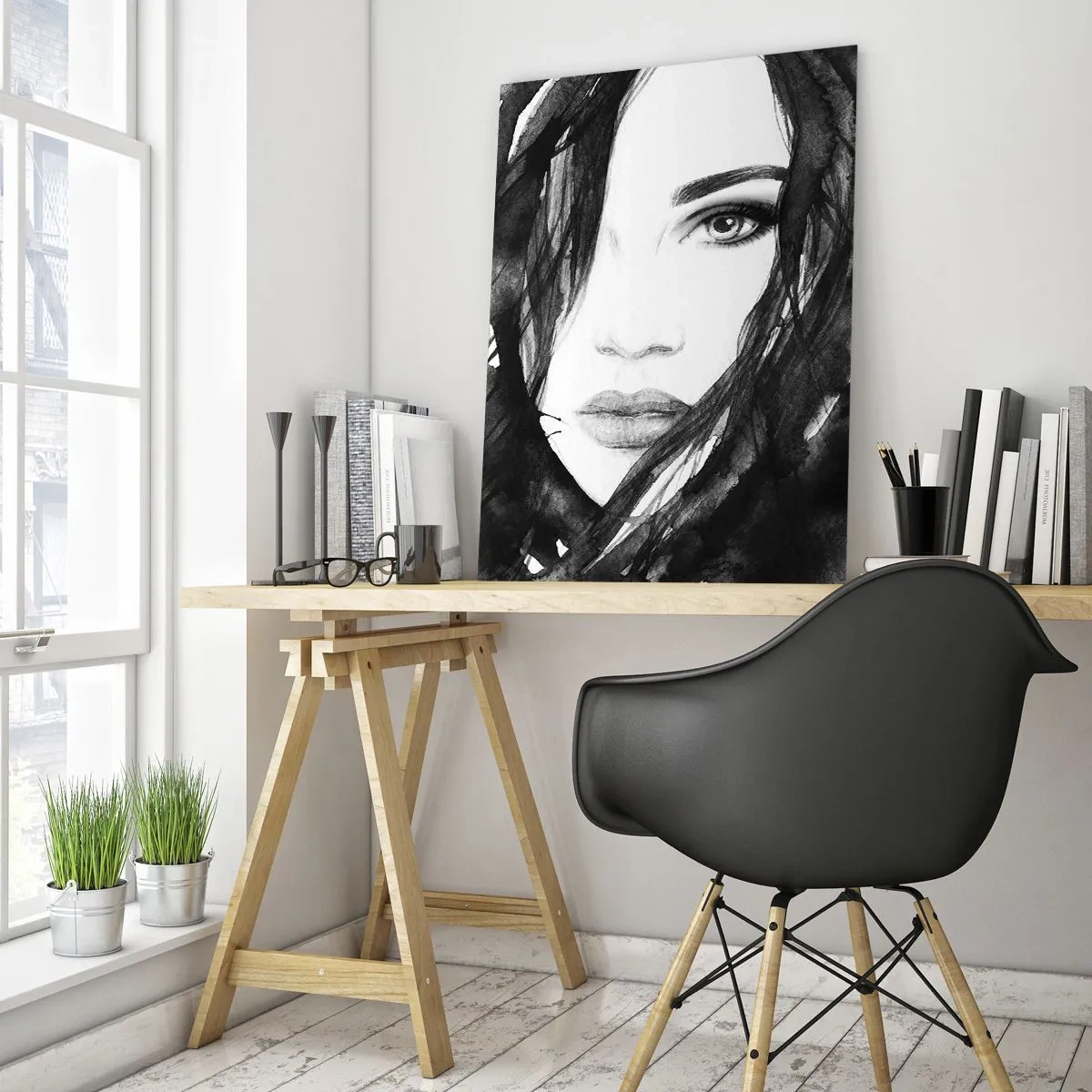 Cuadro sobre vidrio - Impresiones sobre Vidrio - Retrato de una mujer en acuarela en blanco y negro - 70x100cm - Retrato de una dama en blanco y negro - Decoración de pared moderna para salón y dormitorio ARTTOR