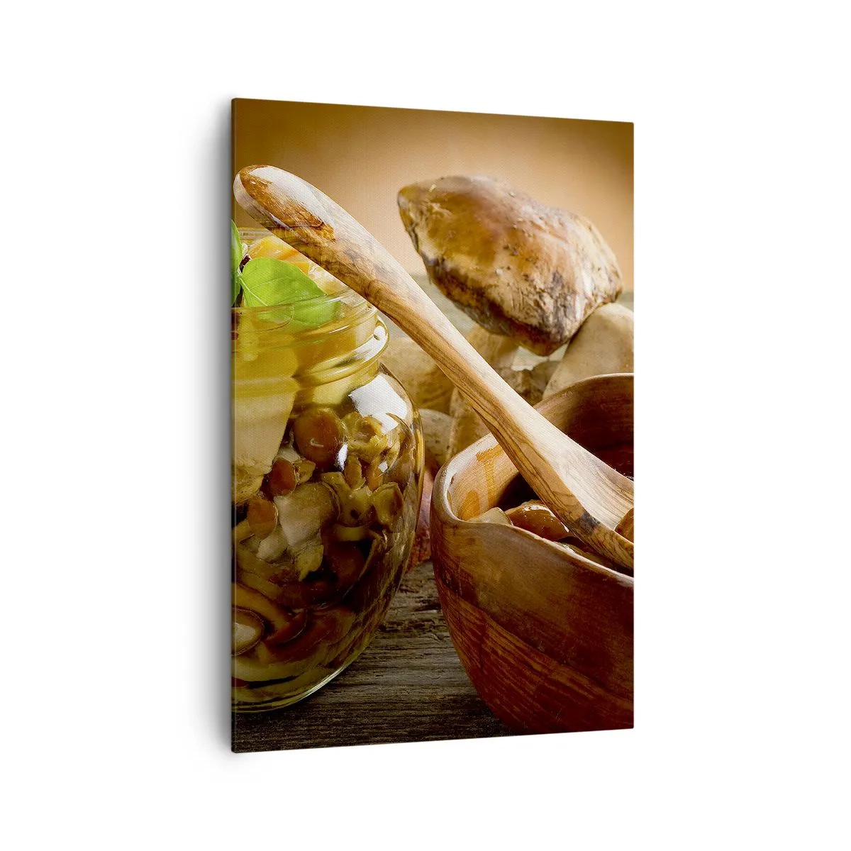 Cuadro sobre lienzo - Impresión de Imagen - Setas naturales en un tarro sobre una mesa rústica - 70x100cm - Ya sea fresco, o salado, o de temporada de otoño.... - Decoración de pared moderna para salón y dormitorio ARTTOR