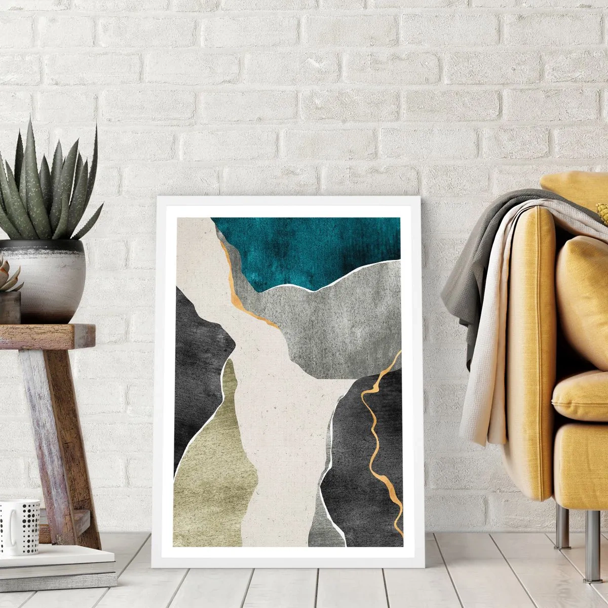 Póster en marco blanco - Composición en mosaico con una hebra de oro - 70x100 cm