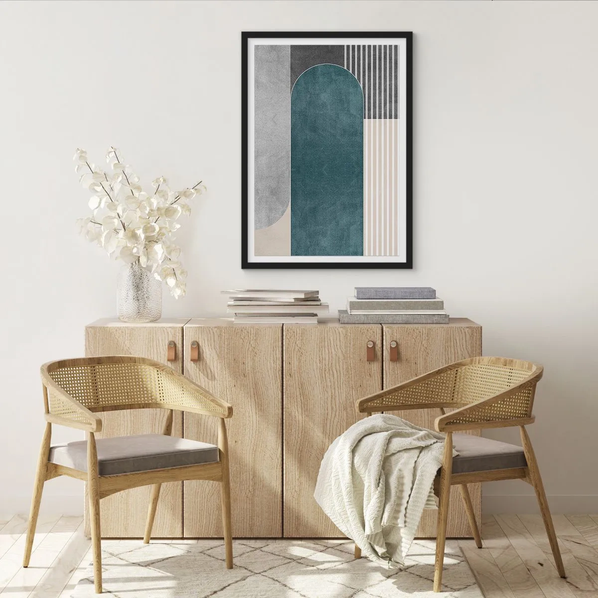 Póster en marco negro - Composición geométrica en tonos verdes y grises. - 50x70cm - Composición horizontal - Decoración de pared moderna para salón y dormitorio ARTTOR