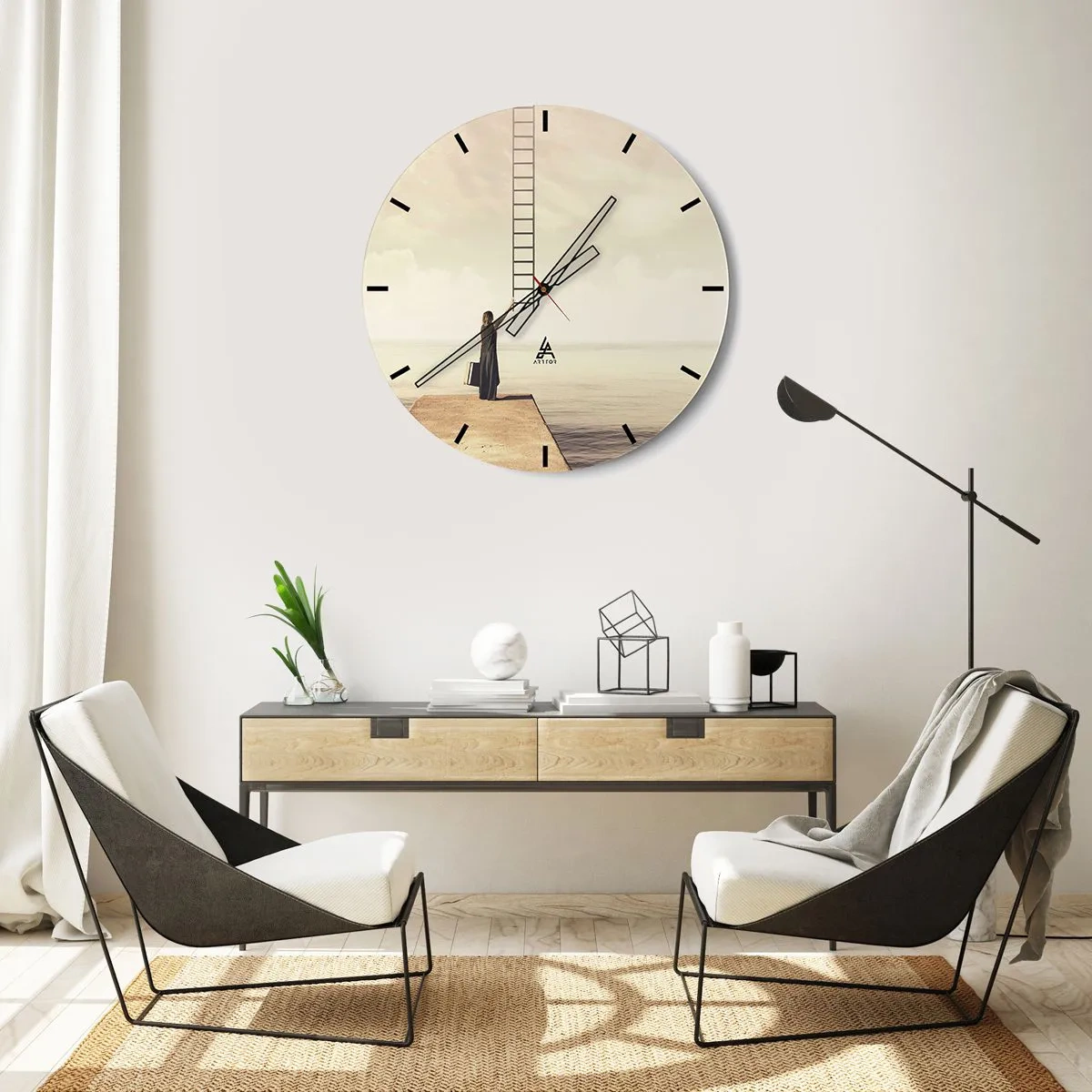 Reloj de pared - Reloj de vidrio - Una mujer en un muelle señalando una escalera que conduce al cielo. - 30x30cm - Un viaje mágico - Decoración de pared moderna para salón, cocina y dormitorio ARTTOR