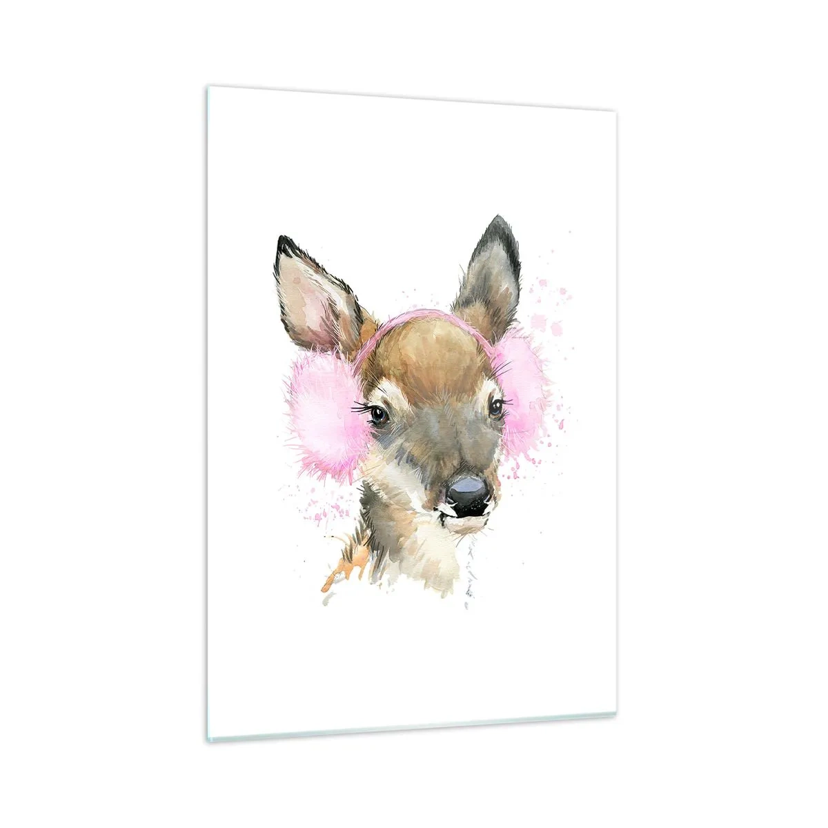 Cuadro sobre vidrio - Impresiones sobre Vidrio - Un ciervo con orejeras de piel rosa - 50x70cm - Y el frío no te molestará más - Decoración de pared moderna para salón y dormitorio ARTTOR
