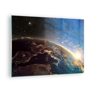 Cuadro sobre vidrio - Impresiones sobre Vidrio - Una vista de la Tierra desde el espacio con el amanecer visible. - 70x50cm - Mirémonos a nosotros mismos desde la distancia - Decoración de pared moderna para salón y dormitorio ARTTOR