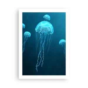 Póster - Medusas flotando en las aguas azules del océano. - 50x70cm - Danza oceánica - Decoración de pared moderna para salón y dormitorio ARTTOR