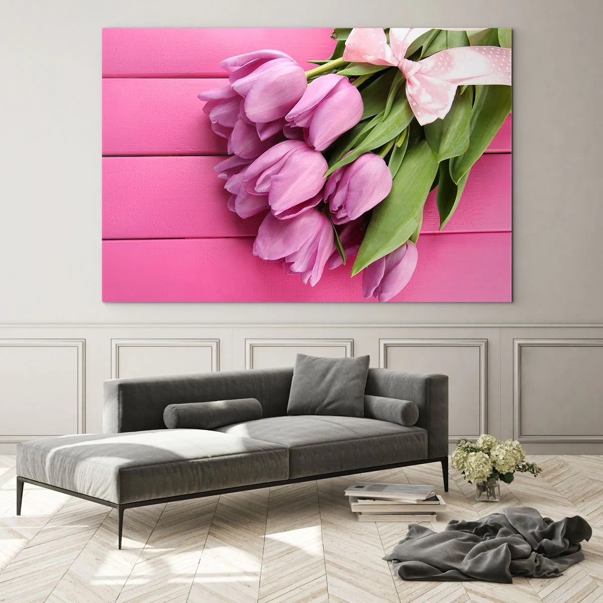 Cuadro sobre vidrio - Impresiones sobre Vidrio - Un ramo de tulipanes rosas sobre un fondo de madera. - 120x80cm - Solo para ti - Decoración de pared moderna para salón y dormitorio ARTTOR