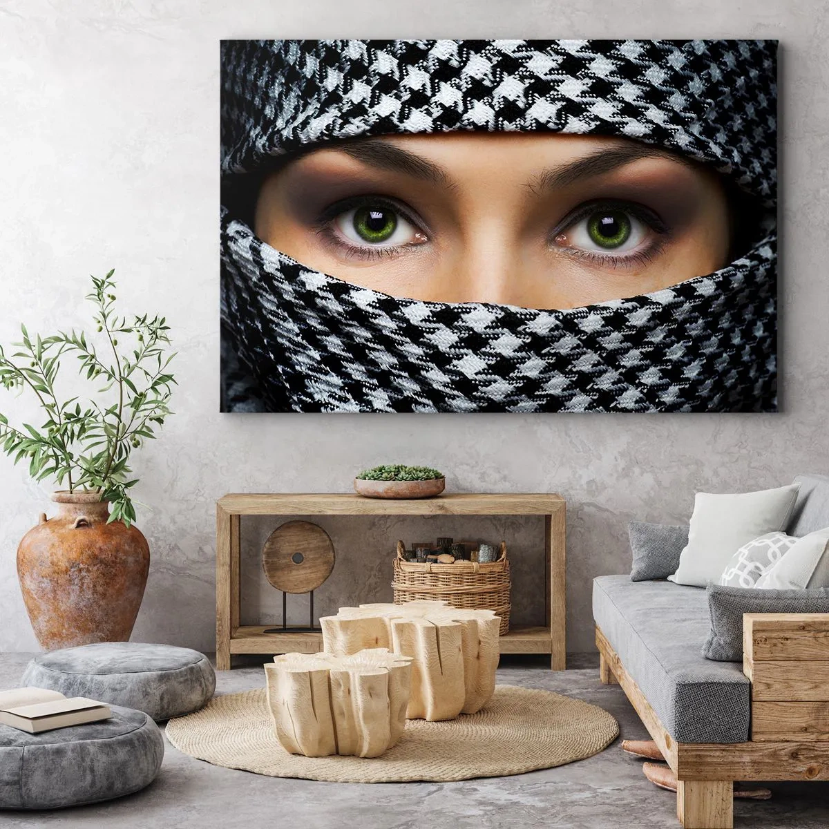 Cuadro sobre lienzo - Impresión de Imagen - Los ojos verdes de una mujer están ocultos tras una tela estampada en blanco y negro. - 120x80cm - Hermosa mirada de ojos verdes - Decoración de pared moderna para salón y dormitorio ARTTOR