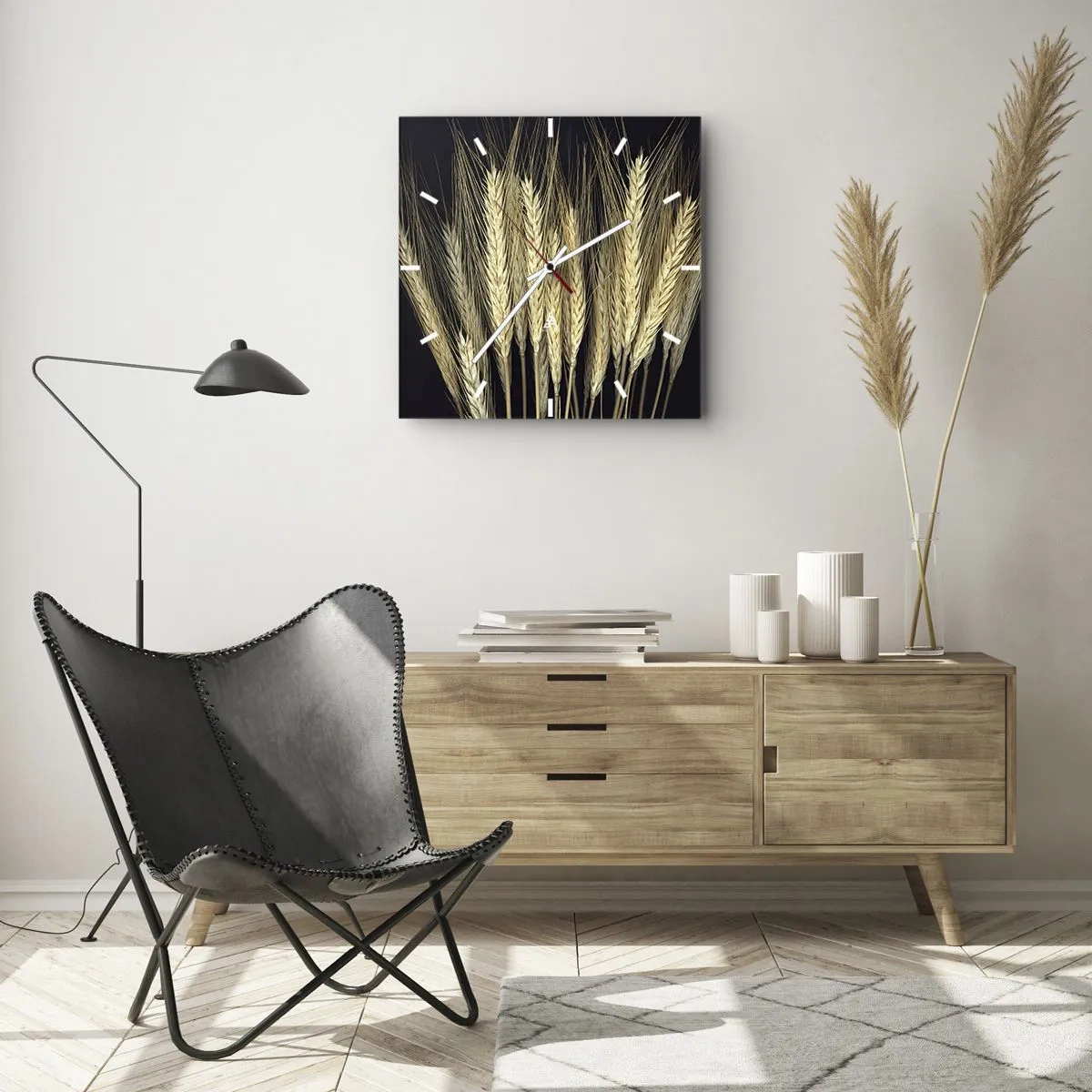 Reloj de pared - Reloj de vidrio - Espigas de trigo sobre fondo negro en estilo rústico - 30x30cm - Magia rústica - Decoración de pared moderna para salón y dormitorio ARTTOR