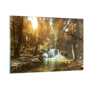 Cuadro sobre vidrio - Impresiones sobre Vidrio - Una cascada en un parque rodeada de árboles en colores otoñales. - 120x80cm - Una cascada en el parque - Decoración de pared moderna para salón y dormitorio ARTTOR