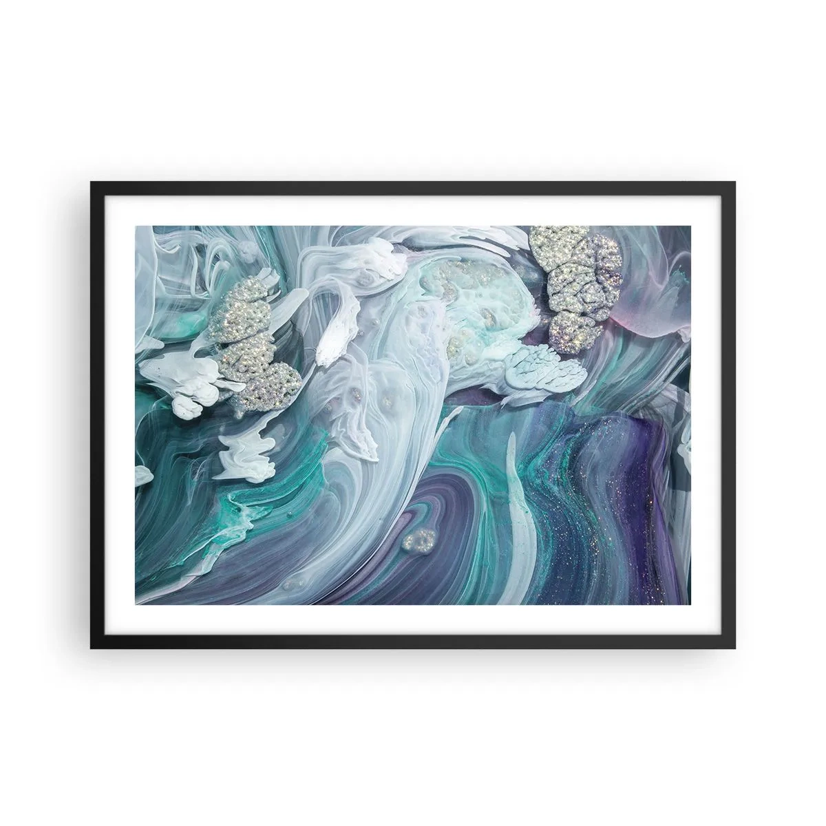Póster en marco negro - Remolinos abstractos en tonos azules y blancos - 70x50cm - Corrientes de azul - Decoración de pared moderna para salón y dormitorio ARTTOR