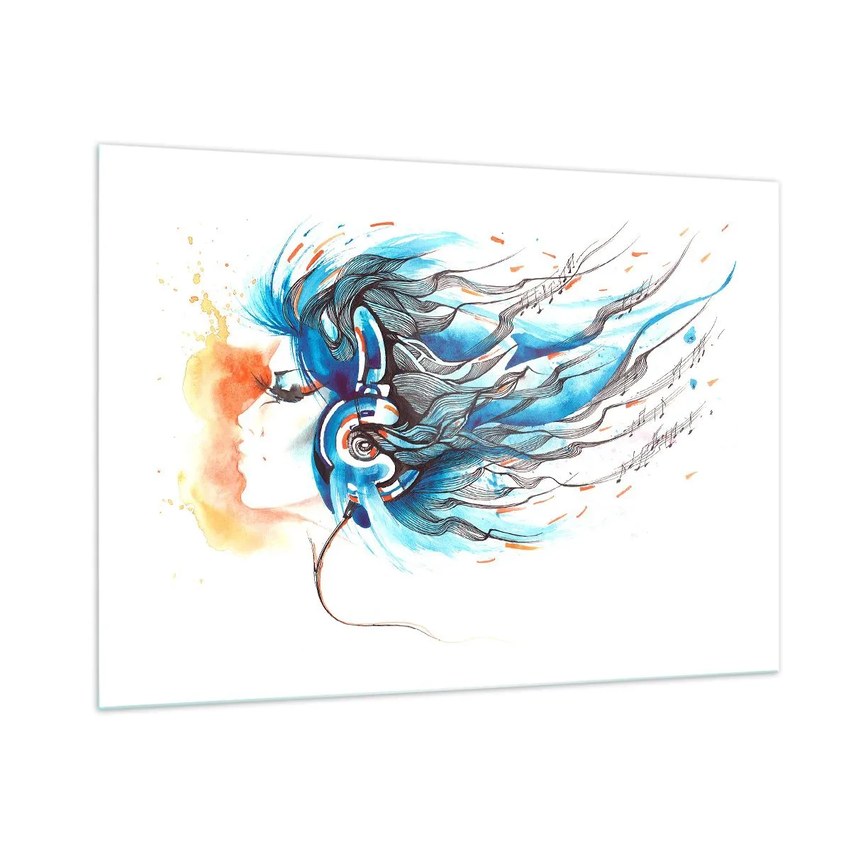 Cuadro sobre vidrio - Impresiones sobre Vidrio - Una mujer con cabello azul y auriculares, en una expresión musical. - 100x70cm - Que suene la música - Decoración de pared moderna para salón y dormitorio ARTTOR