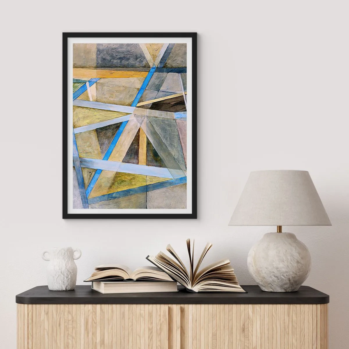 Póster en marco negro - Abstracción geométrica con tonos azules y dorados. - 50x70cm - ¿Recto o inclinado? - Decoración de pared moderna para salón y dormitorio ARTTOR