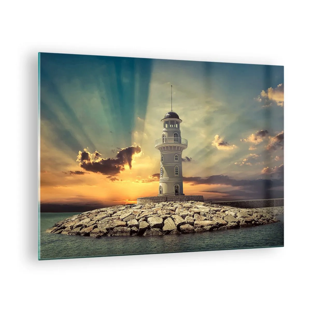 Cuadro sobre vidrio - Impresiones sobre Vidrio - Un faro con el sol poniente como telón de fondo - 70x50cm - Luz - Bondad - Belleza - Decoración de pared moderna para salón y dormitorio ARTTOR