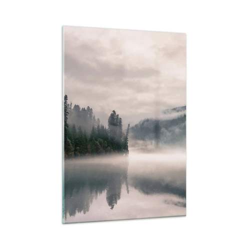Cuadro sobre vidrio - Impresiones sobre Vidrio - Vista matutina de un lago en el bosque, envuelto en niebla. - 50x70cm - En el ensueño, en la niebla - Decoración de pared moderna para salón y dormitorio ARTTOR