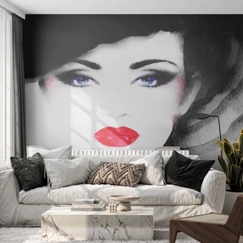 Fotomural Autadhesivo Deluxe Sticker - Lenguaje no verbal - cara de mujer, labios rojos, Ojos azules - 100x70 cm
