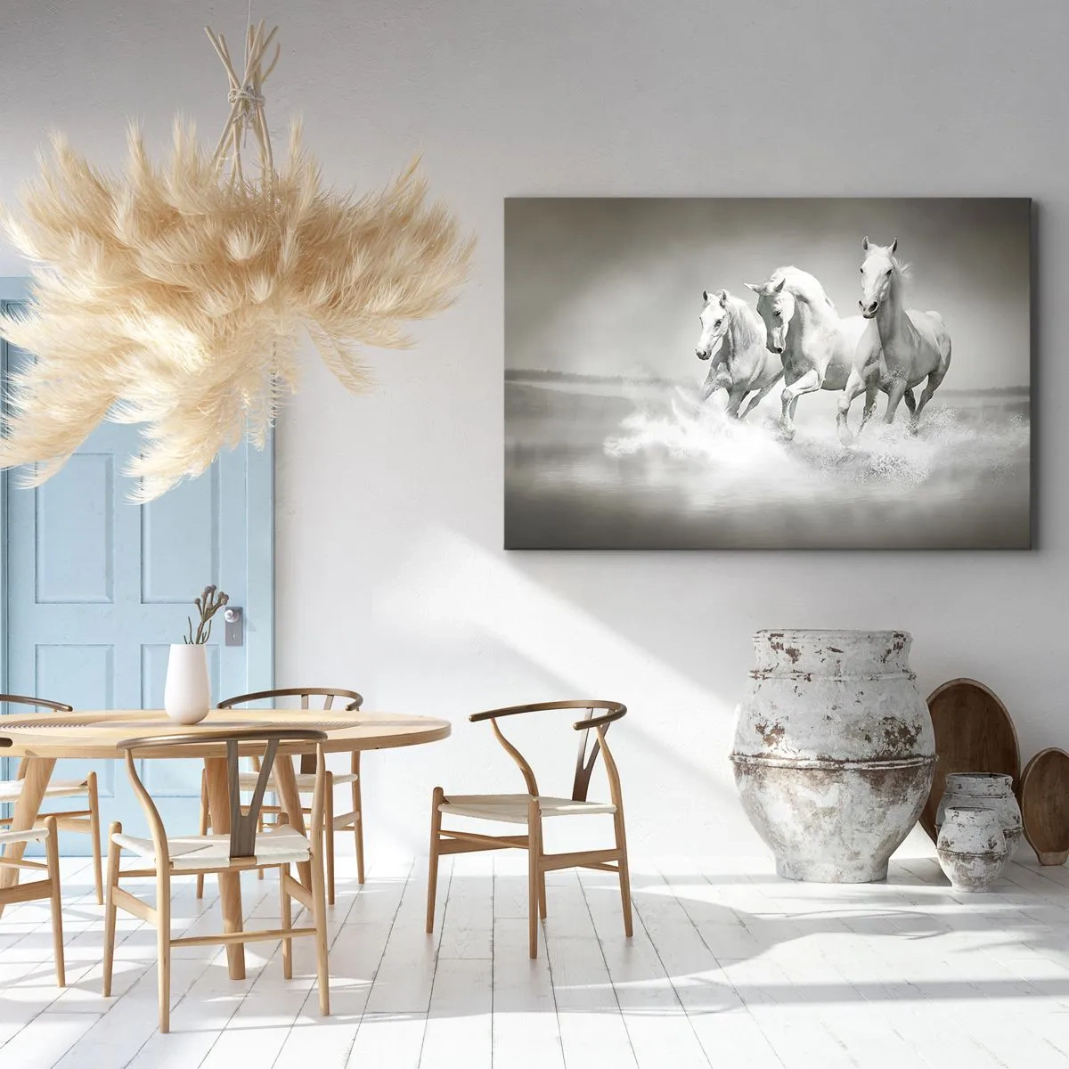 Cuadro sobre lienzo - Impresión de Imagen - Tres caballos blancos galopando por el agua - 100x70cm - Locura blanca - Decoración de pared moderna para salón y dormitorio ARTTOR
