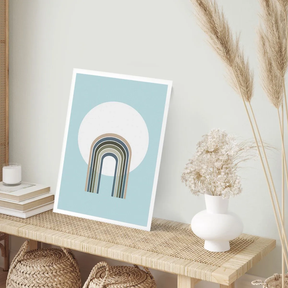 Póster - Un arco minimalista con tonos pastel sobre un fondo circular. - 50x70cm - Una atracción irresistible - Decoración de pared moderna para salón y dormitorio ARTTOR